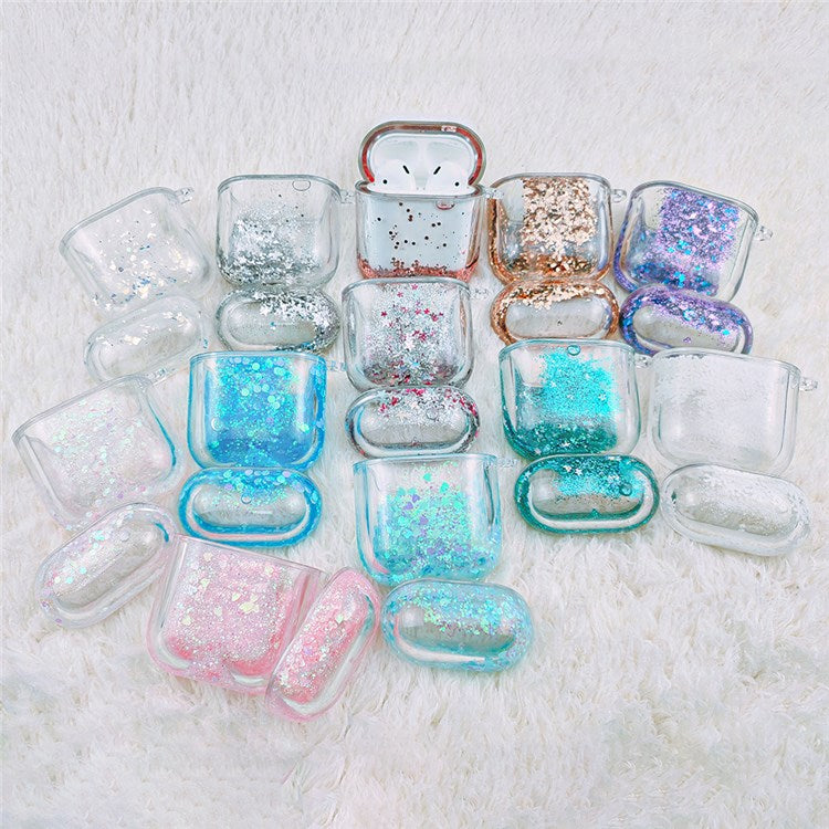 For Apple AirPods 1/2/with Charging Case (2016)/with Charging Case (2019)/with Wireless Charging Case (2019) Glittering Powder Quicksand Clear Based PC Cover Case - Baby Blue