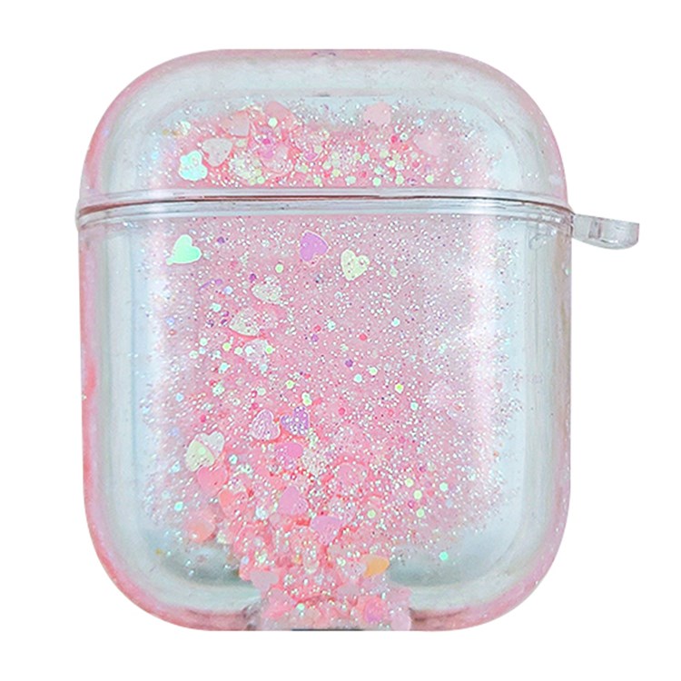 For Apple AirPods 1/2/with Charging Case (2016)/with Charging Case (2019)/with Wireless Charging Case (2019) Glittering Powder Quicksand Clear Based PC Cover Case - Pink/Hearts