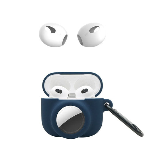 For Apple AirPods 3 + for AirTag 2-in-1 Silicone Protective Cover Drop-proof Dust-proof Case with Carabiner and Ear Caps - Midnight Blue