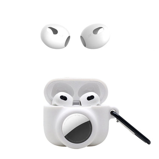 For Apple AirPods 3 + for AirTag 2-in-1 Silicone Protective Cover Drop-proof Dust-proof Case with Carabiner and Ear Caps - White
