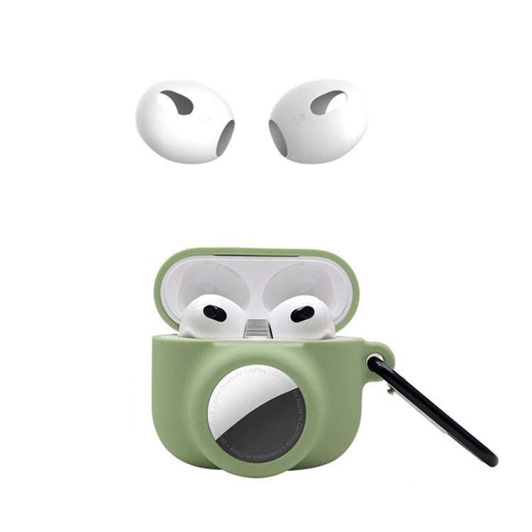 For Apple AirPods 3 + for AirTag 2-in-1 Silicone Protective Cover Drop-proof Dust-proof Case with Carabiner and Ear Caps - Avocado Green