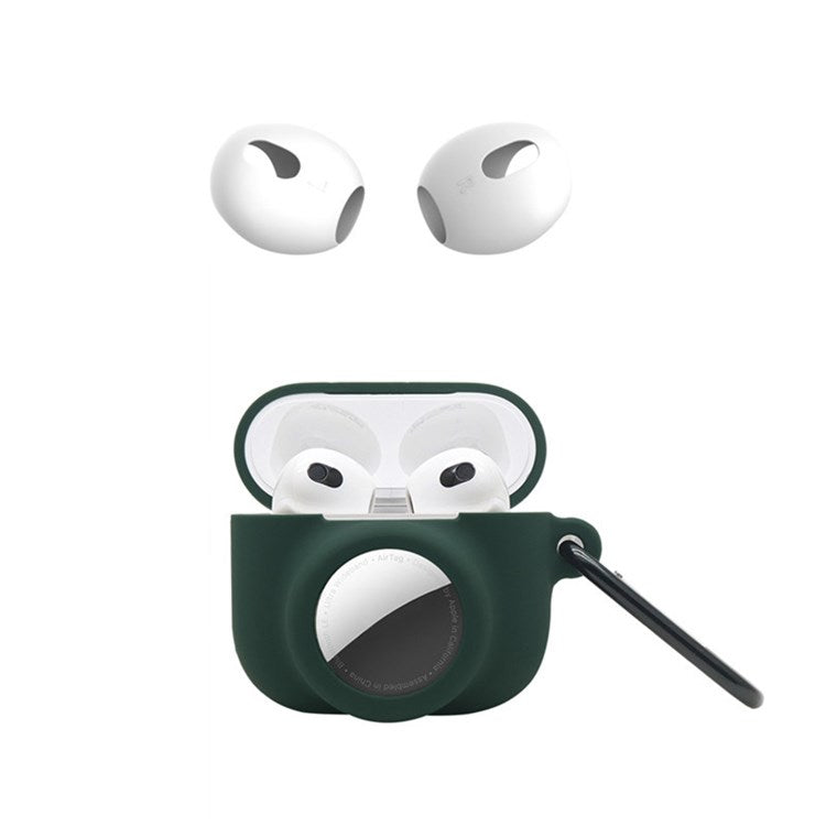 For Apple AirPods 3 + for AirTag 2-in-1 Silicone Protective Cover Drop-proof Dust-proof Case with Carabiner and Ear Caps - Blackish Green