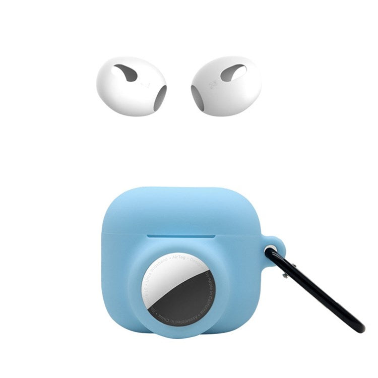 For Apple AirPods 3 + for AirTag 2-in-1 Silicone Protective Cover Drop-proof Dust-proof Case with Carabiner and Ear Caps - Blue