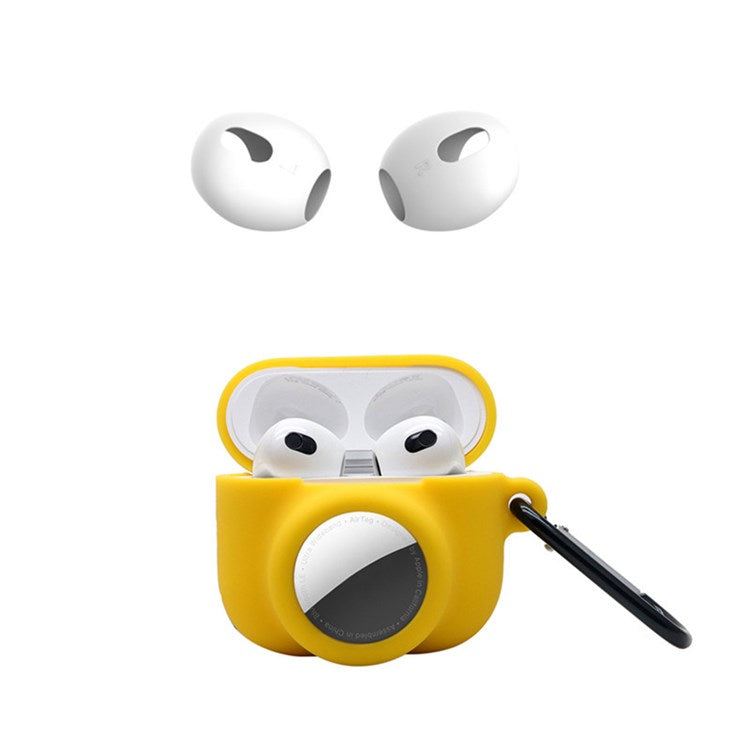 For Apple AirPods 3 + for AirTag 2-in-1 Silicone Protective Cover Drop-proof Dust-proof Case with Carabiner and Ear Caps - Yellow