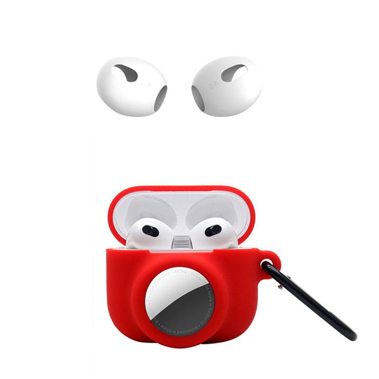 For Apple AirPods 3 + for AirTag 2-in-1 Silicone Protective Cover Drop-proof Dust-proof Case with Carabiner and Ear Caps - Red