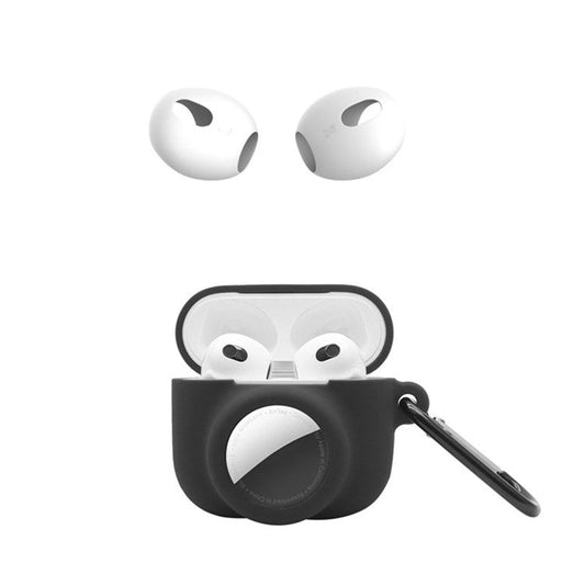 For Apple AirPods 3 + for AirTag 2-in-1 Silicone Protective Cover Drop-proof Dust-proof Case with Carabiner and Ear Caps - Black