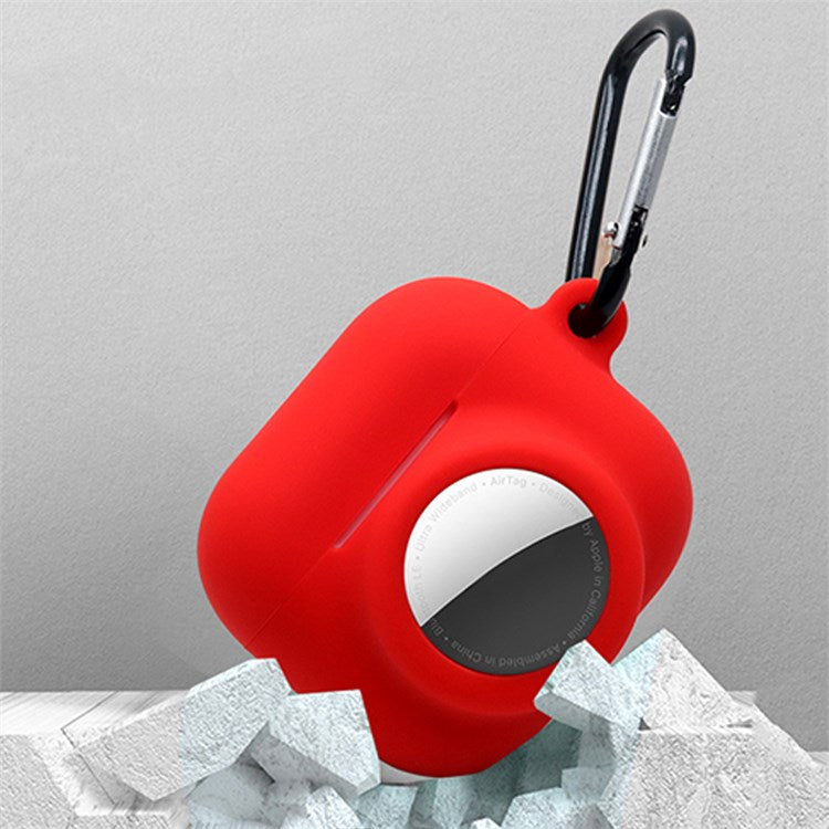 For Apple AirPods 3 + for AirTag 2-in-1 Silicone Protective Cover Drop-proof Dust-proof Case with Carabiner and Ear Caps - Black