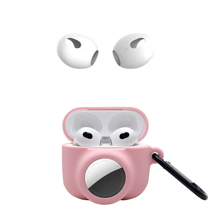 For Apple AirPods 3 + for AirTag 2-in-1 Silicone Protective Cover Drop-proof Dust-proof Case with Carabiner and Ear Caps - Pink