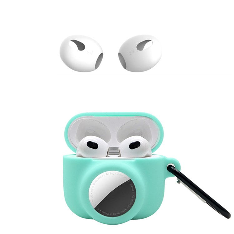 For Apple AirPods 3 + for AirTag 2-in-1 Silicone Protective Cover Drop-proof Dust-proof Case with Carabiner and Ear Caps - Mint Green