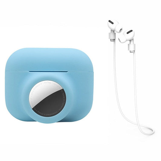 For Apple AirPods Pro + for AirTag 2-in-1 Silicone Protective Cover Anti-drop Case with Earphone Anti-lost Rope - Sky Blue/White Rope