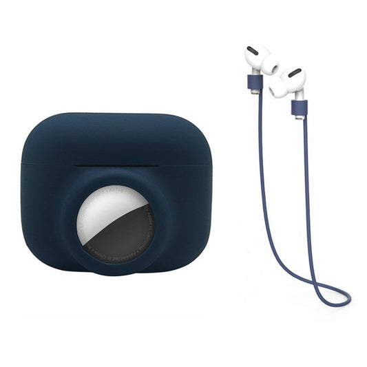 For Apple AirPods Pro + for AirTag 2-in-1 Silicone Protective Cover Anti-drop Case with Earphone Anti-lost Rope - Dark Blue