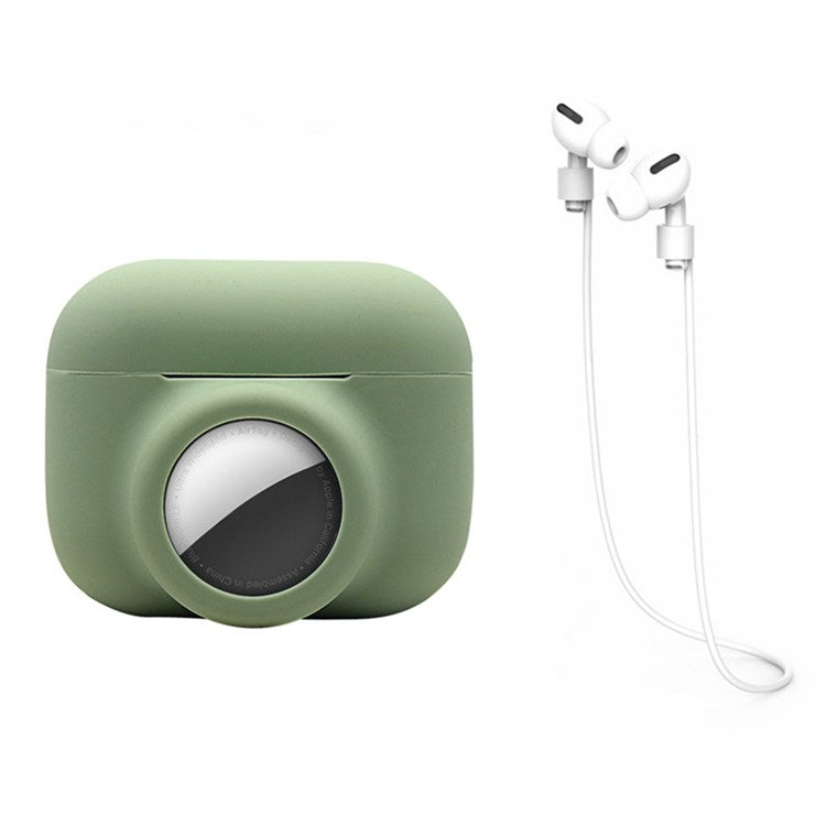 For Apple AirPods Pro + for AirTag 2-in-1 Silicone Protective Cover Anti-drop Case with Earphone Anti-lost Rope - Avocado Green/White Rope
