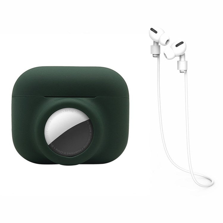 For Apple AirPods Pro + for AirTag 2-in-1 Silicone Protective Cover Anti-drop Case with Earphone Anti-lost Rope - Blackish Green/White Rope