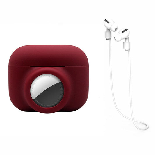 For Apple AirPods Pro + for AirTag 2-in-1 Silicone Protective Cover Anti-drop Case with Earphone Anti-lost Rope - Wine Red/White Rope