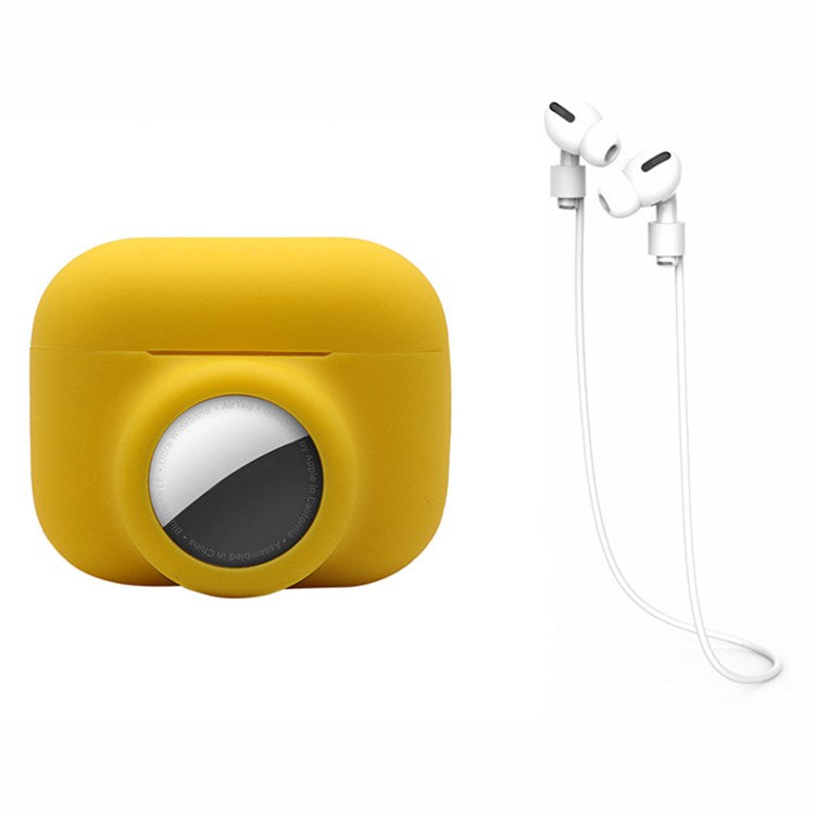 For Apple AirPods Pro + for AirTag 2-in-1 Silicone Protective Cover Anti-drop Case with Earphone Anti-lost Rope - Yellow/White Rope