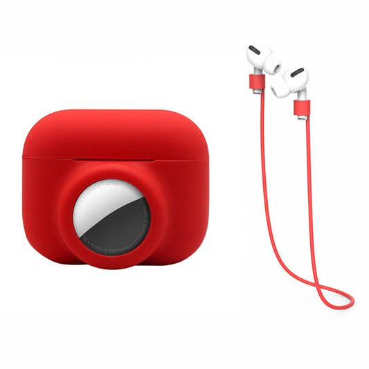 For Apple AirPods Pro + for AirTag 2-in-1 Silicone Protective Cover Anti-drop Case with Earphone Anti-lost Rope - Red