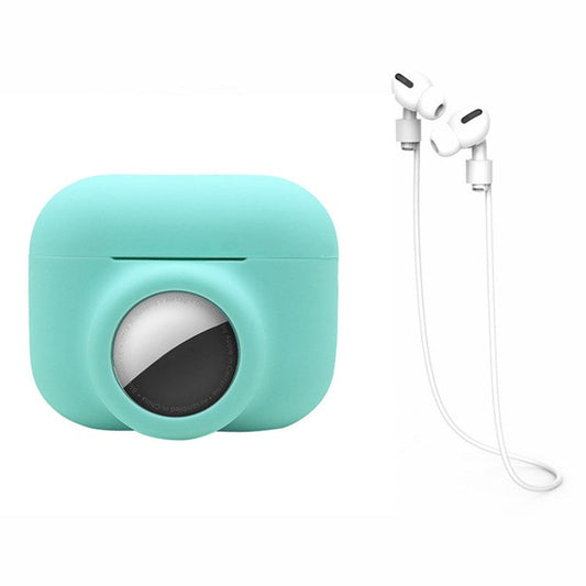 For Apple AirPods Pro + for AirTag 2-in-1 Silicone Protective Cover Anti-drop Case with Earphone Anti-lost Rope - Mint Green/White Rope