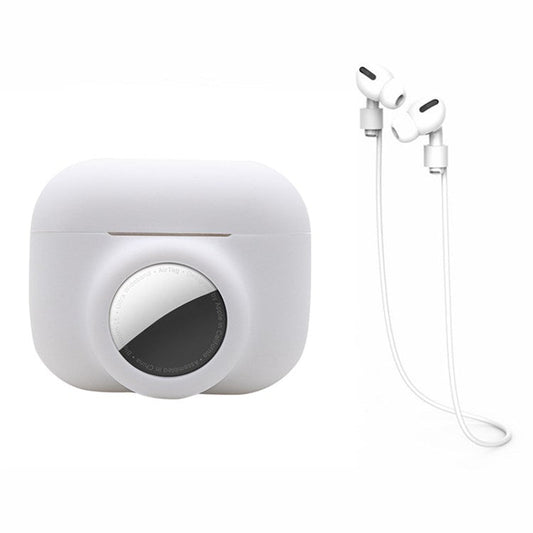 For Apple AirPods Pro + for AirTag 2-in-1 Silicone Protective Cover Anti-drop Case with Earphone Anti-lost Rope - White