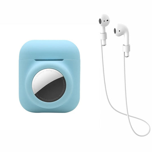 For AirPods with Wireless Charging Case (2019)/AirPods with Charging Case (2019)/(2016) + for AirTag 2-in-1 Silicone Protective Cover Case with Earphone Anti-lost Rope - Sky Blue/White Rope