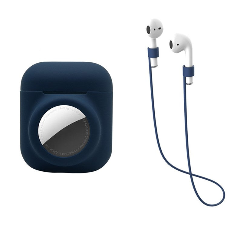 For AirPods with Wireless Charging Case (2019)/AirPods with Charging Case (2019)/(2016) + for AirTag 2-in-1 Silicone Protective Cover Case with Earphone Anti-lost Rope - Dark Blue