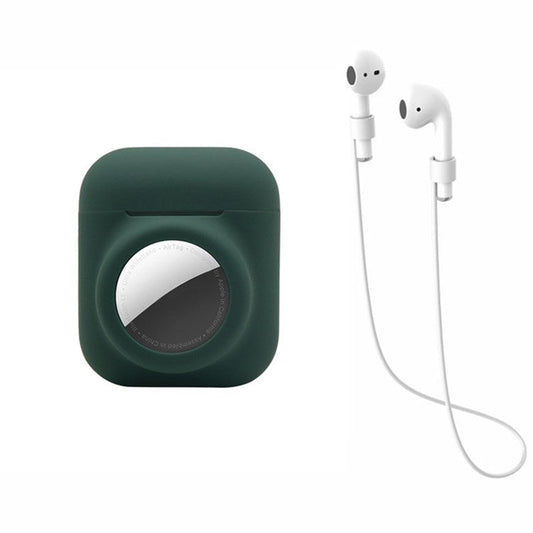 For AirPods with Wireless Charging Case (2019)/AirPods with Charging Case (2019)/(2016) + for AirTag 2-in-1 Silicone Protective Cover Case with Earphone Anti-lost Rope - Blackish Green/White Rope