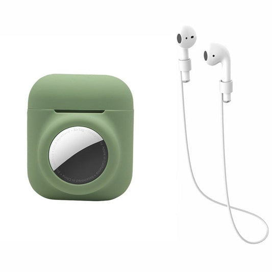 For AirPods with Wireless Charging Case (2019)/AirPods with Charging Case (2019)/(2016) + for AirTag 2-in-1 Silicone Protective Cover Case with Earphone Anti-lost Rope - Matcha Green/White Rope