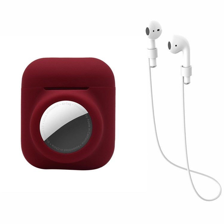 For AirPods with Wireless Charging Case (2019)/AirPods with Charging Case (2019)/(2016) + for AirTag 2-in-1 Silicone Protective Cover Case with Earphone Anti-lost Rope - Wine Red/White Rope