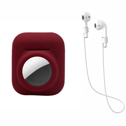 For AirPods with Wireless Charging Case (2019)/AirPods with Charging Case (2019)/(2016) + for AirTag 2-in-1 Silicone Protective Cover Case with Earphone Anti-lost Rope - Wine Red/White Rope