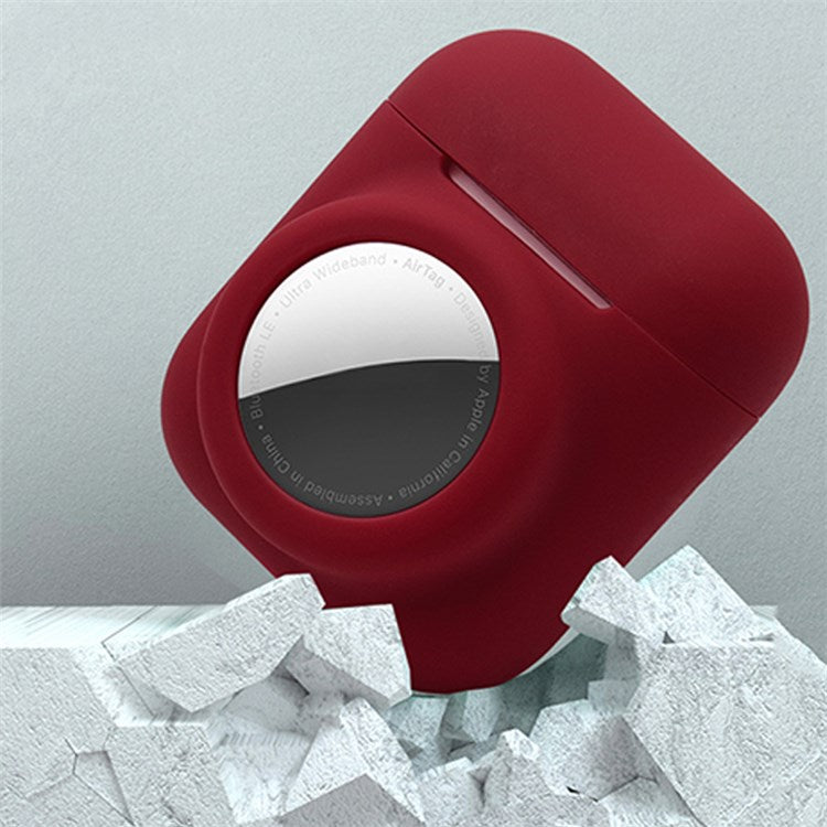 For AirPods with Wireless Charging Case (2019)/AirPods with Charging Case (2019)/(2016) + for AirTag 2-in-1 Silicone Protective Cover Case with Earphone Anti-lost Rope - Wine Red/White Rope