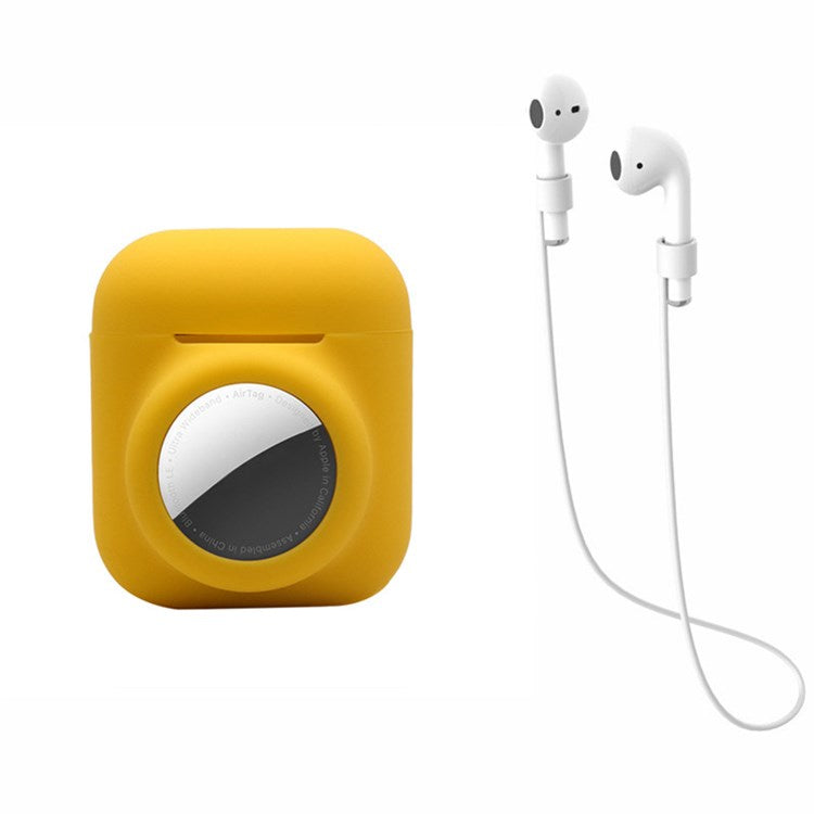 For AirPods with Wireless Charging Case (2019)/AirPods with Charging Case (2019)/(2016) + for AirTag 2-in-1 Silicone Protective Cover Case with Earphone Anti-lost Rope - Yellow/White Rope