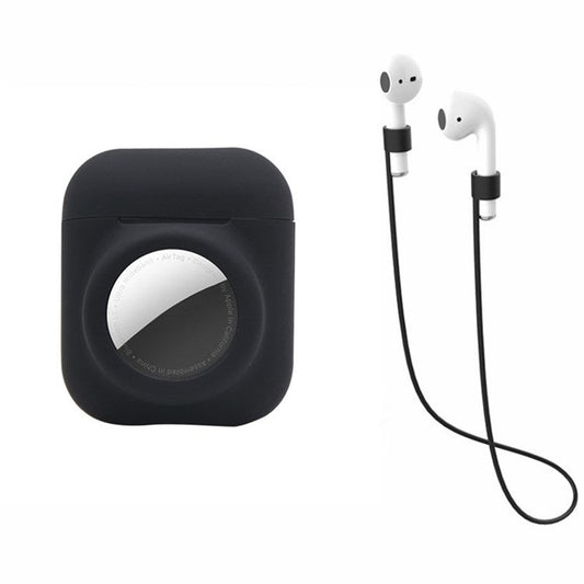 For AirPods with Wireless Charging Case (2019)/AirPods with Charging Case (2019)/(2016) + for AirTag 2-in-1 Silicone Protective Cover Case with Earphone Anti-lost Rope - Black