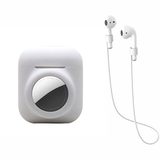 For AirPods with Wireless Charging Case (2019)/AirPods with Charging Case (2019)/(2016) + for AirTag 2-in-1 Silicone Protective Cover Case with Earphone Anti-lost Rope - White
