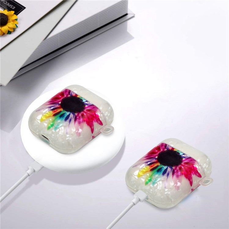 For Apple AirPods with Charging Case (2016)/(2019)/AirPods with Wireless Charging Case (2019) Stylish Shell Grain Pattern Printing IMD TPU Earphone Case Protector with Lanyard - Colorful Sunflower