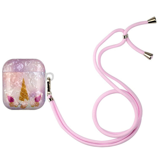 For Apple AirPods with Charging Case (2016)/(2019)/AirPods with Wireless Charging Case (2019) Stylish Shell Grain Pattern Printing IMD TPU Earphone Case Protector with Lanyard - Unicorn