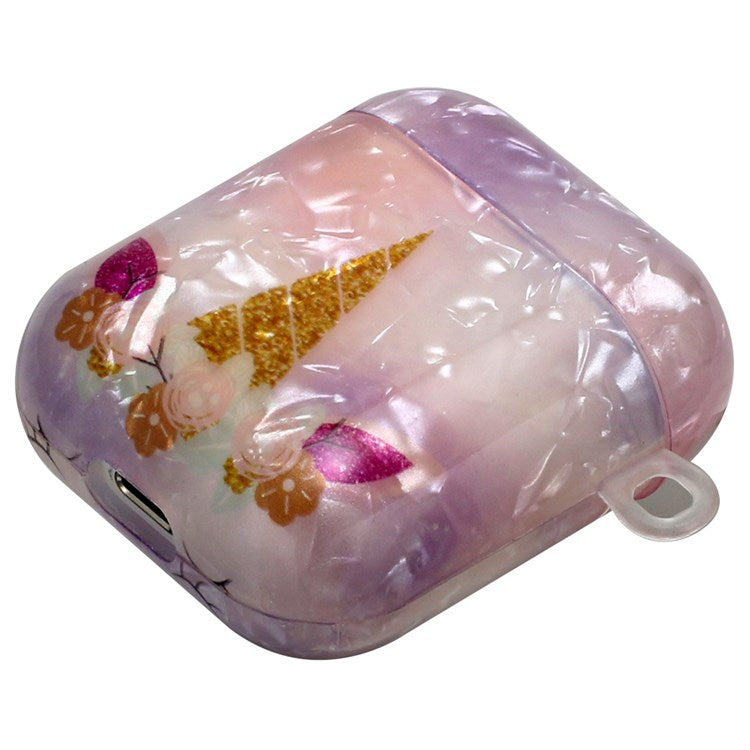 For Apple AirPods with Charging Case (2016)/(2019)/AirPods with Wireless Charging Case (2019) Stylish Shell Grain Pattern Printing IMD TPU Earphone Case Protector with Lanyard - Unicorn