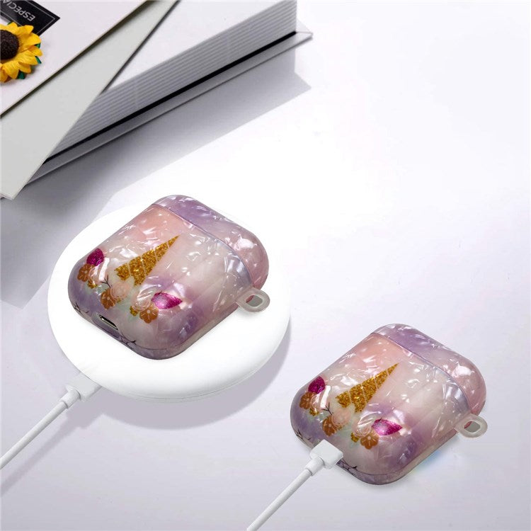 For Apple AirPods with Charging Case (2016)/(2019)/AirPods with Wireless Charging Case (2019) Stylish Shell Grain Pattern Printing IMD TPU Earphone Case Protector with Lanyard - Unicorn