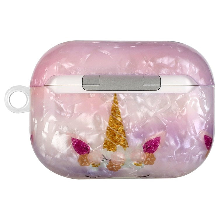 For Apple AirPods Pro Pattern Printing IMD Shell Grain TPU Earphone Case Anti-fall Charging Box Protector with Lanyard - Unicorn