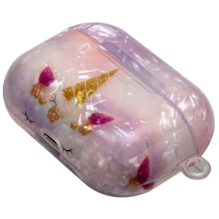 For Apple AirPods Pro Pattern Printing IMD Shell Grain TPU Earphone Case Anti-fall Charging Box Protector with Lanyard - Unicorn