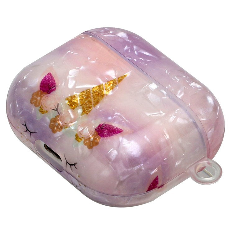 Anti-fall Earphone Case for Apple AirPods 3, Pattern Printed IMD Shell Grain TPU Cover Earbud Protector with Hook - Unicorn