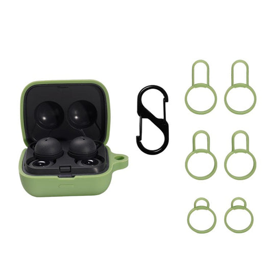 For Sony Linkbuds/WF-L900 Earphone Charging Case Silicone Protective Cover with 3 Sizes Ear Tips and Hanging Buckle - Green