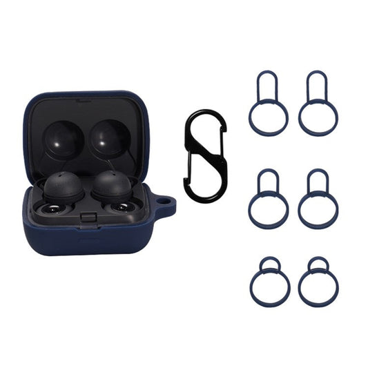 For Sony Linkbuds/WF-L900 Earphone Charging Case Silicone Protective Cover with 3 Sizes Ear Tips and Hanging Buckle - Midnight Blue