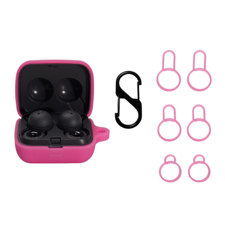 For Sony Linkbuds/WF-L900 Earphone Charging Case Silicone Protective Cover with 3 Sizes Ear Tips and Hanging Buckle - Deep Pink