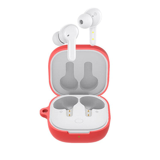 For QCY T13 Anti-scratch Silicone Cover Anti-drop Bluetooth Earphone Protective Sleeve Case with Anti-lost Buckle - Red