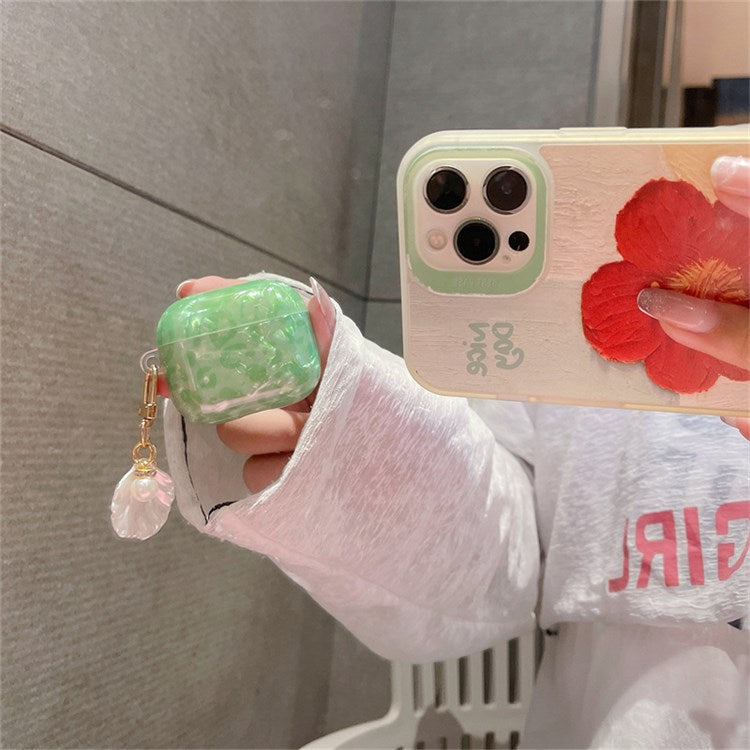 For Apple AirPods 3 Stylish Shell Grain TPU Anti-wear Bluetooth Earphone Charging Case Protective Cover with Shell Pearl Pendant