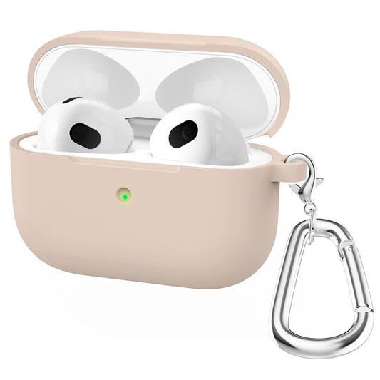 A060 Soft Silicone Earphone Cover for Apple AirPods 3, Shock-Absorbing Protective Case with Keychain - Silty Sand