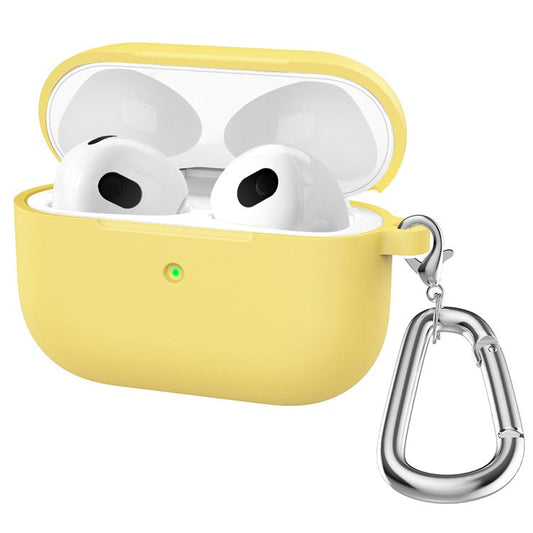 A060 Soft Silicone Earphone Cover for Apple AirPods 3, Shock-Absorbing Protective Case with Keychain - Yellow