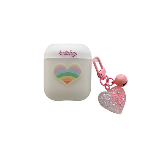 For Apple AirPods with Charging Case (2016) / (2019) / AirPods with Wireless Charging Case (2019) Rainbow Heart Pattern Earphone Case Anti-shock Soft TPU Protective Cover with Heart Pendant