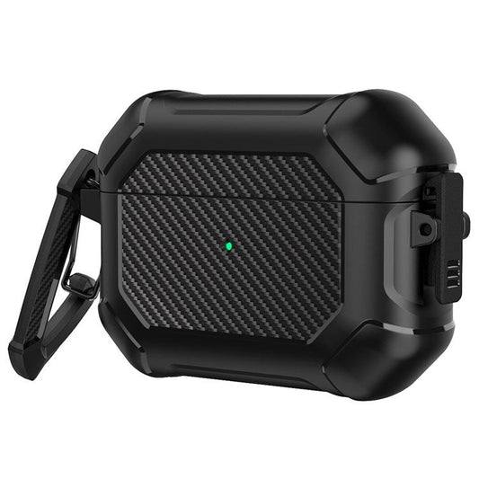 For Apple AirPods Pro Carbon Fiber Anti-Drop Case Portable Bluetooth Earbuds Soft TPU+PC Cover with Buckle - Black