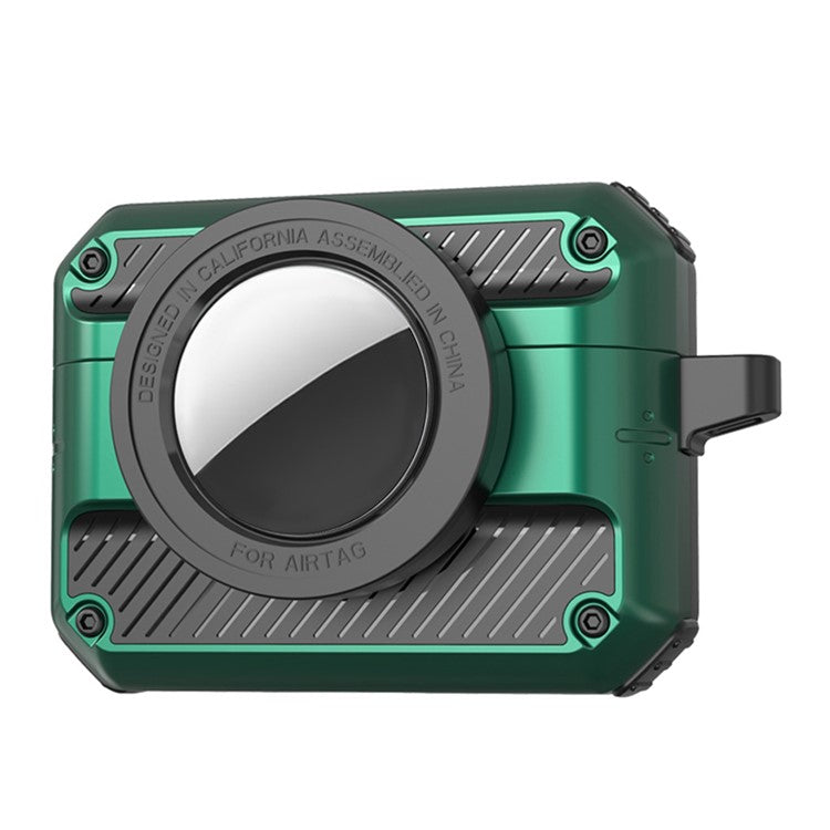 2 in 1 Protective Case for AirPods 3+AirTag Auto Spring Opening Bluetooth Earbuds Cover with Anti-Lost Hook - Dark Green