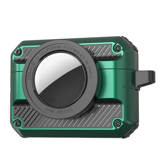 2 in 1 Protective Case for AirPods 3+AirTag Auto Spring Opening Bluetooth Earbuds Cover with Anti-Lost Hook - Dark Green